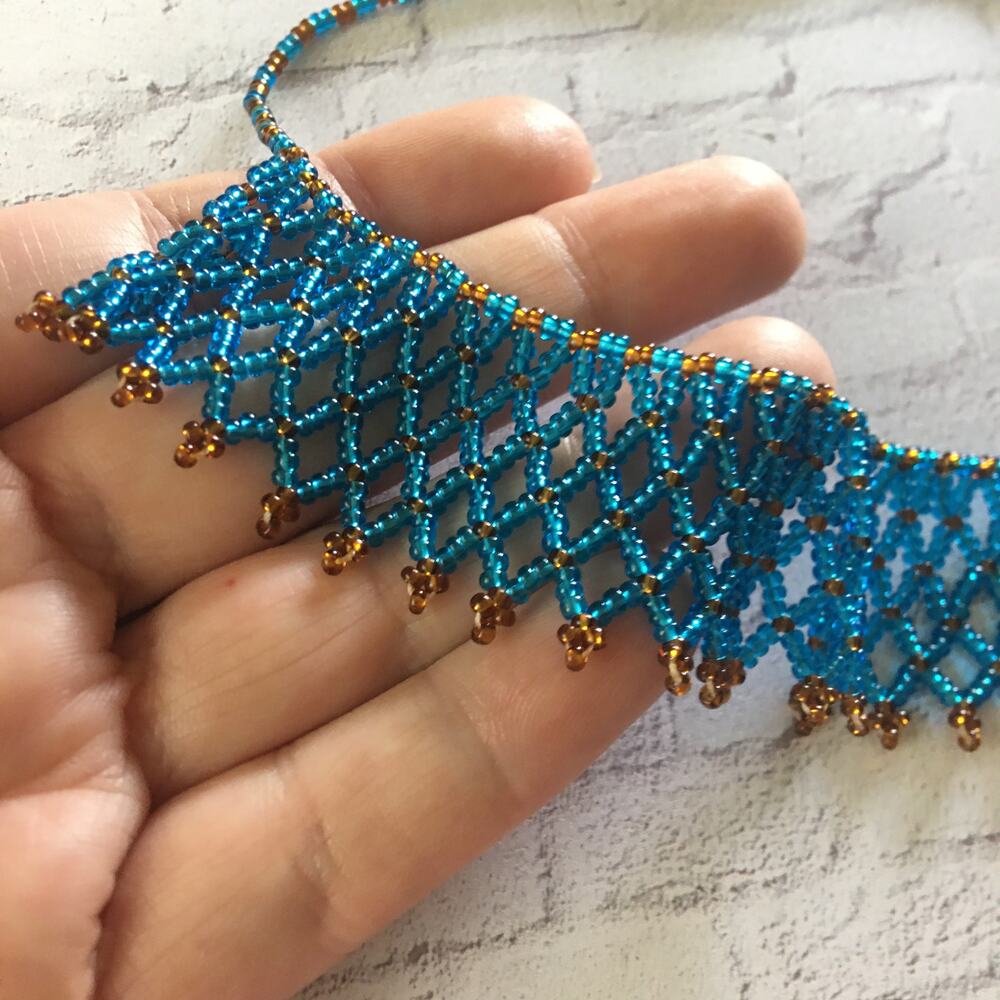 Vintage Blue Seed Bead Cleopatra Choker Necklace - Picture 2 of 4